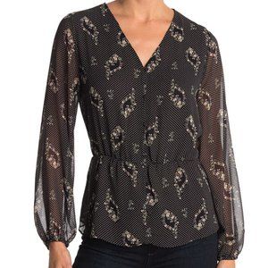 NWT - Pleione Long Sleeve Peplum Black Floral Blouse XL